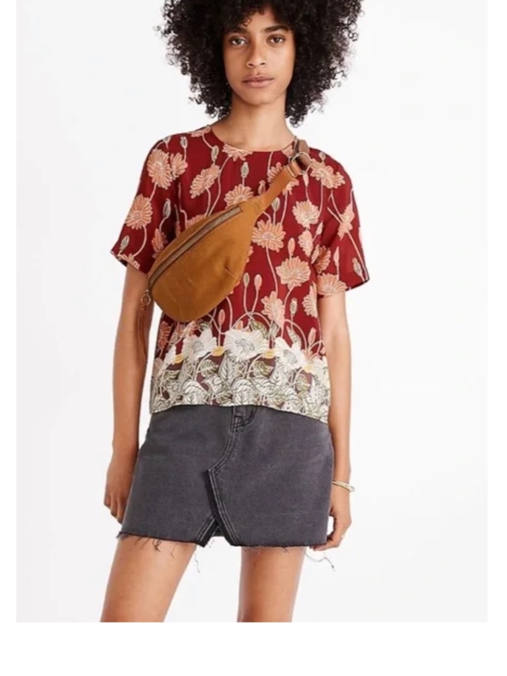 Madewell Silk Red Floral Short Sleeve Top with Button Up Back Size XS